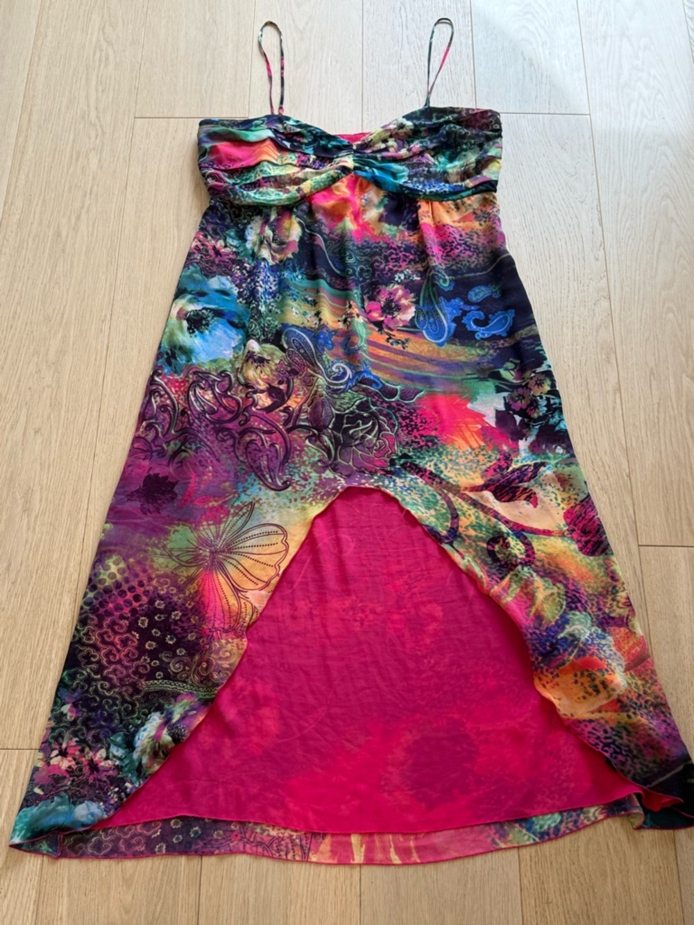 Mario Serrani Multicolor High-Low Dress Abstract Floral Strappy Size 14 Vintage - Picture 2 of 6